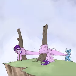 Size: 2000x2000 | Tagged: safe, artist:rigbyh00ves, derpibooru import, starlight glimmer, trixie, pony, unicorn, bipedal, cliff, female, image, long glimmer, long pony, looking at you, mare, newbie artist training grounds, png, slingshot, this will end in tears and/or death and/or covered in tree sap, tree