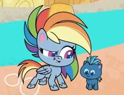 Size: 600x460 | Tagged: safe, derpibooru import, screencap, rainbow dash, smallfry, earth pony, pegasus, pony, my little pony: pony life, the best of the worst, spoiler:pony life s01e02, colt, cropped, duo, lip bite, male, smol