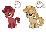 Size: 1100x768 | Tagged: safe, artist:deserter, derpibooru import, oc, oc:peanut toffy, oc:raspberry toffy, unofficial characters only, earth pony, blank flank, explicit description, female, filly, fraternal twins, ponytail, raised eyebrow, scrunchie, short hair, short tail, simple background, socks (coat marking), twins, white background