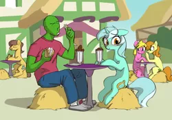 Size: 1500x1051 | Tagged: safe, artist:anonymous, derpibooru import, lyra heartstrings, oc, oc:anon, human, pony, unicorn, /mlp/, 4chan, blushing, cute, daisy sandwich, date, drawthread, duo, food, milkshake, restaurant, sandwich