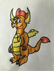 Size: 3024x4032 | Tagged: artist:whistle blossom, crossover, cute, cute little fangs, derpibooru import, dragon, dragoness, dragon tales, fangs, female, looking at you, marker drawing, safe, simple background, smiling, smiling at you, smolder, smolderbetes, solo, standing, style emulation, teenaged dragon, teenager, traditional art, white background