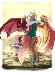Size: 2865x3801 | Tagged: safe, artist:blackblood-queen, derpibooru import, oc, oc:savory zest, oc:scarlet quill, unofficial characters only, anthro, bat pony, unguligrade anthro, anniversary, anthro oc, backless, backlighting, bat pony oc, bat wings, clothes, commission, couple, cute, cute little fangs, digital art, dress, ear fluff, embrace, fangs, female, flower, green eyes, husband and wife, male, mare, married, married couple, nose to nose, oc x oc, pants, red eyes, scarlory, shipping, slit eyes, smiling, straight, wings
