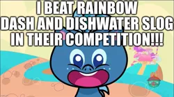 Size: 1241x695 | Tagged: safe, derpibooru import, edit, edited screencap, screencap, smallfry, pony, my little pony: pony life, the best of the worst, spoiler:pony life s01e02, caption, excessive exclamation marks, image macro, implied dishwater slog, implied rainbow dash, open mouth, sugarcube corner, text, treehouse logo, winner, worst pony