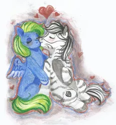 Size: 1003x1086 | Tagged: artist:69beas, blushing, couple, cute, derpibooru import, eyes closed, heart, hug, kissing, oc, oc:adelle, oc:palatinatus clypeus, pegasus, pegasus oc, safe, spread wings, traditional art, wings, zebra, zebra oc