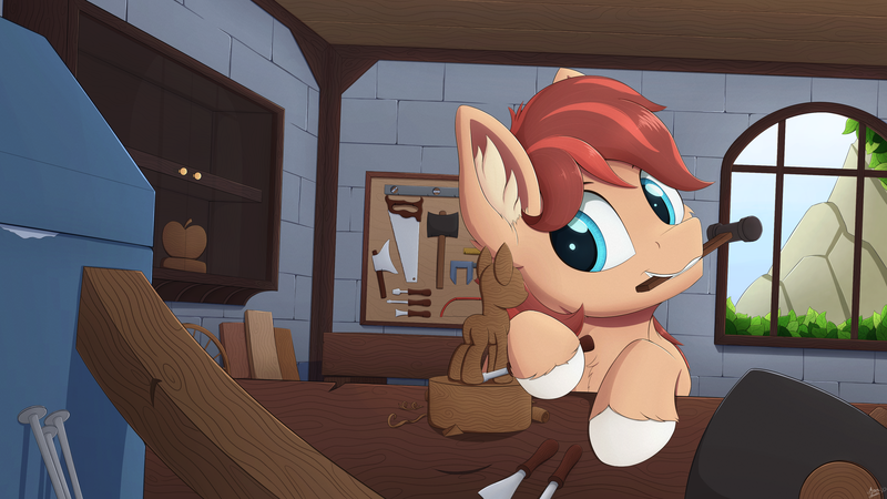 Size: 3840x2160 | Tagged: safe, artist:arcane-thunder, derpibooru import, oc, oc:cottonwood kindle, unofficial characters only, earth pony, pony, axe, cabinet, carving, cheek fluff, chest fluff, chisel, craft, ear fluff, gift art, hammer, leaves, male, mountain, nails, saw, sculpture, solo, stallion, toolbox, unshorn fetlocks, weapon, window, wood carving, woodwork