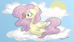 Size: 1920x1080 | Tagged: safe, artist:hatperson56, derpibooru import, fluttershy, butterfly, pegasus, pony, blush sticker, blushing, butterfly on nose, cloud, ear fluff, female, folded wings, insect on nose, looking at something, mare, on a cloud, outdoors, profile, prone, sky, smiling, solo, sun, wallpaper, wings