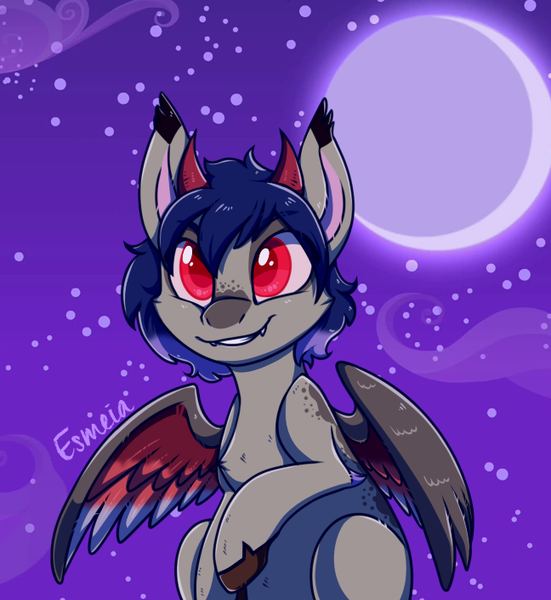 Size: 648x705 | Tagged: artist:esmeia, bust, chest fluff, curved horn, derpibooru import, full moon, horn, hybrid, interspecies offspring, male, moon, night, oc, offspring, parent:discord, parent:princess luna, parents:lunacord, safe, smiling, solo, stallion, stars, unofficial characters only, wings