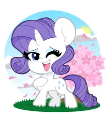 Size: 1792x2048 | Tagged: safe, artist:kittyrosie, derpibooru import, part of a set, rarity, pony, unicorn, cherry blossoms, cloud, cute, female, flower, flower blossom, mare, one eye closed, open mouth, raribetes, sky, solo, tree