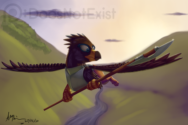 Size: 2000x1333 | Tagged: safe, artist:theandymac, derpibooru import, oc, oc:saewin, gryphon, armor, bardiche, breastplate, flying, griffon oc, looking down, male, patrol, polearm, river, solo, sunrise, valley, watermark, wings