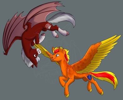 Size: 392x319 | Tagged: safe, artist:bluebrush09, deleted from derpibooru, derpibooru import, oc, oc:crimson skies, oc:fireheart, bat pony, pegasus, pony, commission, flight, wholesome