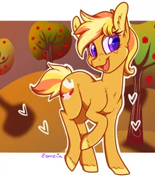 Size: 652x749 | Tagged: safe, artist:esmeia, derpibooru import, oc, oc:appleblossom tart, unofficial characters only, earth pony, pony, apple, apple tree, ear fluff, earth pony oc, eyelashes, female, food, magical gay spawn, mare, offspring, open mouth, parent:big macintosh, parent:trenderhoof, parents:trendermac, raised hoof, smiling, solo, tree, unshorn fetlocks