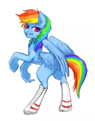Size: 652x831 | Tagged: safe, artist:stardrawsponies, derpibooru import, rainbow dash, pegasus, pony, clothes, female, looking at you, looking back, looking back at you, mare, rearing, shoes, simple background, smiling, solo, spread wings, white background, wings