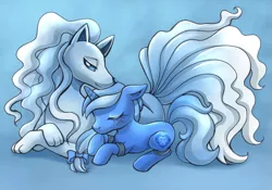 Size: 1307x917 | Tagged: safe, artist:ailish, derpibooru import, oc, oc:glace, alolan ninetales, ninetales, pony, unicorn, bow, freckles, hair bow, lying down, pokémon, prone, sleeping