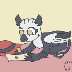 Size: 800x800 | Tagged: safe, artist:vohd, derpibooru import, oc, oc:princess lycklig, unofficial characters only, gryphon, equestria at war mod, animated, bed, commission, cute, frame by frame, hat, letter, simple background, writing