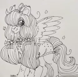 Size: 1080x1058 | Tagged: safe, artist:im_insanex, derpibooru import, oc, oc:star chaser, unofficial characters only, pegasus, pony, :p, bow, chest fluff, clothes, hair bow, hair over one eye, lineart, monochrome, pegasus oc, signature, socks, solo, tongue out, traditional art, wings