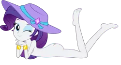 Size: 6000x3224 | Tagged: suggestive, anonymous editor, artist:sugar-loop, artist:twilirity, derpibooru import, edit, rarity, equestria girls, absurd resolution, barefoot, bracelet, breasts, feet, female, hat, jewelry, looking at you, nude edit, nudity, one eye closed, simple background, solo, solo female, stupid sexy rarity, transparent background, wink