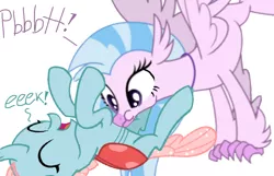 Size: 1080x696 | Tagged: safe, artist:princessdestiny200i, derpibooru import, ocellus, silver spoon, silverstream, changeling, hippogriff, adorable face, blowing, cuddly, cute, cuteling, cuteness overload, daaaaaaaaaaaw, diaocelles, diastreamies, eyes closed, female, hnnng, hugable, laughing, lesbian, ocellustream, raspberry, shipping, silverbetes, simple background, speech, talking, tickle torture, tickling, tongue out, tummy buzz, weapons-grade cute, white background