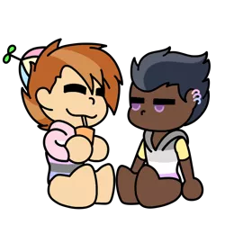 Size: 1000x1000 | Tagged: safe, artist:icey-wicey-1517, artist:kb-gamerartist, color edit, derpibooru import, edit, button mash, rumble, human, barefoot, bisexual pride flag, chibi, clothes, collaboration, colored, dark skin, drinking, drinking straw, ear piercing, earring, eyes closed, feet, gay, genderfluid, genderfluid pride flag, hat, hoodie, humanized, jewelry, juice, juice box, male, nonbinary, nonbinary pride flag, pansexual, pansexual pride flag, piercing, pride, pride flag, pride month, propeller hat, rumblemash, shipping, simple background, sitting, straw, transparent background
