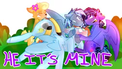 Size: 2560x1440 | Tagged: safe, artist:shinningblossom12, derpibooru import, oc, oc:fairy glitter, oc:meadow waves, oc:rainbow ditz, oc:rosie, unofficial characters only, bat pony, deer, deer pony, original species, pony, angry, bat pony oc, bat wings, blushing, chest fluff, colored hooves, ear piercing, earring, female, flower, flower in hair, gay, jealous, jewelry, male, multicolored hair, next generation, not rainbow dash, open mouth, parent:rainbow dash, piercing, rainbow hair, stallion, text, wings
