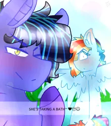 Size: 1940x2201 | Tagged: safe, artist:shinningblossom12, derpibooru import, oc, oc:meadow waves, oc:rainbow ditz, unofficial characters only, pegasus, pony, blushing, colored hooves, emoji, heart, male, multicolored hair, next generation, one eye closed, parent:rainbow dash, pegasus oc, rainbow hair, selfie, snapchat, stallion, wings, wink