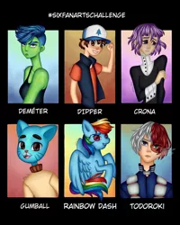 Size: 1080x1350 | Tagged: safe, artist:4lma_ch4n, derpibooru import, rainbow dash, anthro, cat, human, pegasus, pony, six fanarts, anthro with ponies, baseball cap, bust, cap, clothes, crona, crossover, demeter, dipper pines, female, gravity falls, gumball watterson, hat, male, mare, shoto todoroki, soul eater, the amazing world of gumball