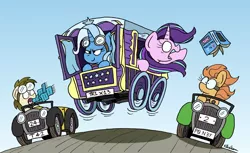 Size: 1024x626 | Tagged: safe, artist:bobthedalek, derpibooru import, starlight glimmer, trixie, oc, oc:kettle master, earth pony, pony, unicorn, atg 2020, book, car, clothes, female, goggles, male, mare, newbie artist training grounds, open mouth, race, racecar, scarf, stallion, trixie's wagon, windswept mane