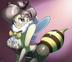 Size: 2918x2535 | Tagged: suggestive, artist:nookprint, derpibooru import, fluttershy, bat pony, equestria girls, animal costume, antennae, bee costume, blushing, bowtie, breasts, busty fluttershy, clothes, costume, cuffs (clothes), female, final fantasy, final fantasy vii, fishnets, flutterbat, flutterbee, pantyhose, race swap, sexy, solo, stinger, wings
