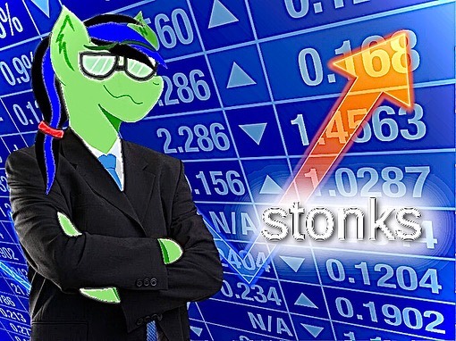 Size: 510x382 | Tagged: safe, artist:swiftt_studios, derpibooru import, oc, unofficial characters only, anthro, earth pony, business suit, clothes, crossed arms, dead meme, earth pony oc, glasses, meme, necktie, ponified meme, smiling, solo, stock market, stonks