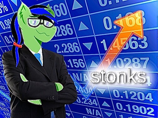 Size: 510x382 | Tagged: safe, alternate version, artist:swiftt_studios, derpibooru import, oc, unofficial characters only, anthro, earth pony, business suit, clothes, crossed arms, dead meme, earth pony oc, glasses, meme, necktie, ponified meme, smiling, solo, stock market, stonks