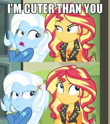 Size: 640x720 | Tagged: safe, derpibooru import, edit, edited screencap, screencap, sunset shimmer, trixie, equestria girls, equestria girls series, forgotten friendship, caption, comic, ego, frown, image macro, meme, narcissism, screencap comic, smiling, smirk, sunset shimmer is not amused, text, trixie yells at everything, unamused