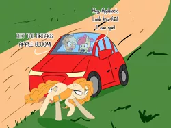 Size: 2000x1494 | Tagged: safe, artist:artiks, artist:ngnir, derpibooru import, apple bloom, applejack, pear butter, earth pony, pony, apple sisters, atg 2020, car, collaboration, dark comedy, female, filly, foal, mare, misspelling, newbie artist training grounds, siblings, sisters, the implications are horrible, this will end in death, this will end in tears, this will end in tears and/or death, we are going to hell