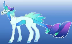 Size: 2178x1333 | Tagged: artist:turnipberry, blue background, colored horn, derpibooru import, ethereal mane, gradient background, horn, hybrid, interspecies offspring, oc, oc:glimmer, offspring, parent:rarity, parents:canon x oc, safe, serrated horn, simple background, solo, starry mane, unofficial characters only