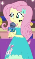 Size: 349x595 | Tagged: safe, derpibooru import, screencap, fluttershy, best in show: the victory lap, equestria girls, equestria girls series, spoiler:eqg series (season 2), clothes, cropped, cute, dress, geode of fauna, headworn microphone, lidded eyes, magical geodes, microphone, shyabetes