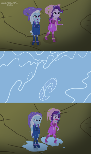 Size: 4500x7594 | Tagged: safe, artist:metalhead97, derpibooru import, starlight glimmer, trixie, equestria girls, friendship is magic, angry, barrette, boots, cape, character swap, clothes, comic, commission, confused, dirt, dress, equestria girls interpretation, fall formal outfits, hat, high heel boots, looking up, messed up hair, messy hair, night, open mouth, puddle, scene interpretation, sequence, sequential art, shoes, show accurate, trixie's cape, trixie's hat, unamused, water, wet, wet clothes, wet hair