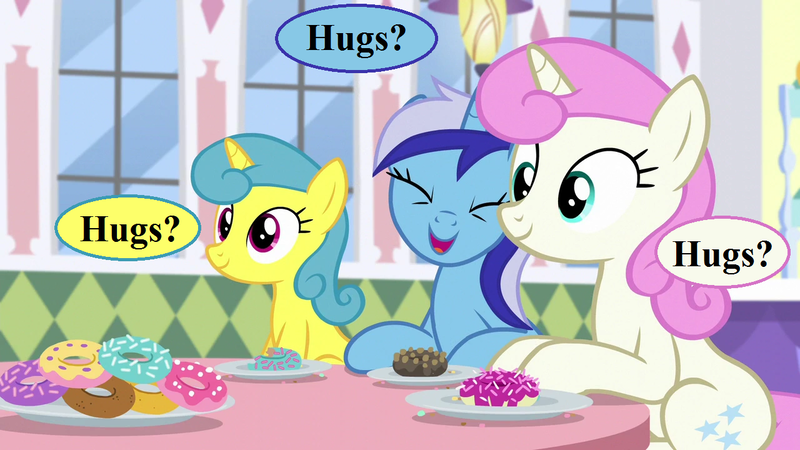 Size: 1280x720 | Tagged: adorableshine, amending fences, bronybait, cute, derpibooru import, donut, donut shop, edit, edited screencap, food, hug request, lemonbetes, lemon hearts, minubetes, minuette, safe, screencap, speech bubble, twinkleshine