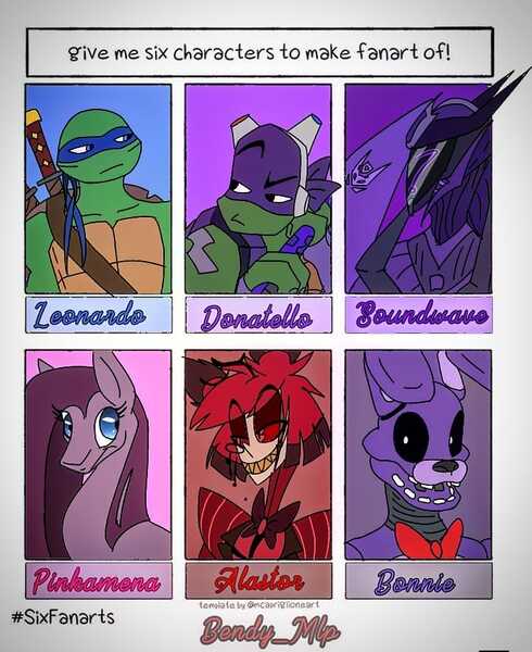 Size: 720x882 | Tagged: dead source, safe, derpibooru import, pinkie pie, anthro, earth pony, pony, turtle, six fanarts, alastor, animatronic, anthro with ponies, bonnie, bowtie, bust, crossover, donatello, female, five nights at freddy's, hazbin hotel, katana, leonardo, mare, mask, pinkamena diane pie, smiling, soundwave, sword, teenage mutant ninja turtles, transformers, weapon