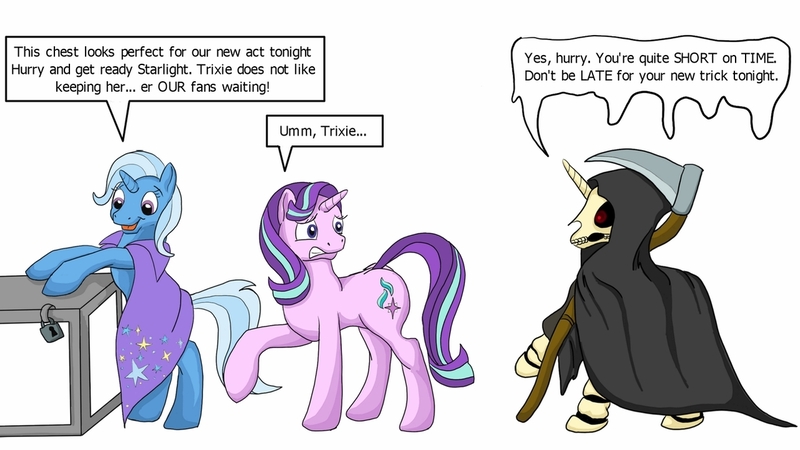 Size: 1280x720 | Tagged: safe, artist:termyotter, derpibooru import, starlight glimmer, trixie, pony, skeleton pony, unicorn, bone, cloak, clothes, female, grim reaper, hood, implied death, lock, mare, scythe, simple background, skeleton, speech bubble, this will end in death, this will end in tears, this will end in tears and/or death, trio, white background