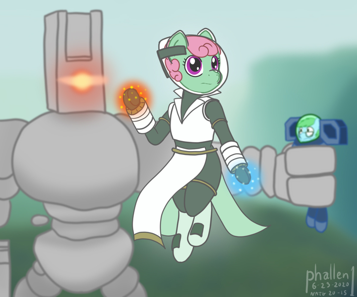 Size: 1200x1000 | Tagged: safe, artist:phallen1, derpibooru import, oc, oc:software patch, oc:windcatcher, ponified, unofficial characters only, cyclops, pony, semi-anthro, artificer, atg 2020, engineer, flying, glowing eye, helmet, newbie artist training grounds, risk of rain, risk of rain 2, spacesuit, titan