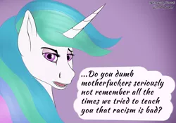 Size: 2462x1725 | Tagged: safe, artist:hermaeus xerxes, derpibooru import, princess celestia, alicorn, pony, annoyed, dialogue, female, gradient background, looking at you, mare, mouthpiece, politics, raised eyebrow, solo, speech bubble, talking to viewer, vulgar