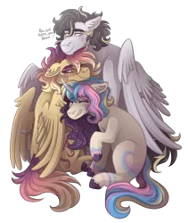 Size: 1900x2250 | Tagged: safe, artist:kikirdcz, derpibooru import, oc, oc:lightning strike, oc:sunrise skies, oc:supernova, pegasus, pony, unicorn, female, group hug, hug, male, mare, simple background, stallion, transparent background