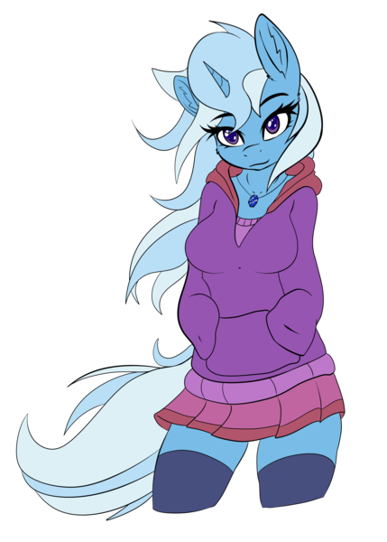 Size: 2560x3578 | Tagged: safe, artist:ambris, artist:calena, derpibooru import, edit, editor:calena, trixie, anthro, unicorn, adorasexy, breasts, cleavage, clothes, cute, diatrixes, ear fluff, hoodie, jewelry, lidded eyes, sapphire, sexy, short skirt, simple background, skirt, smiling, socks, solo, sweater, thigh highs, transparent background, wind, zettai ryouiki