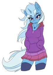 Size: 2560x3578 | Tagged: safe, artist:ambris, artist:calena, derpibooru import, edit, editor:calena, trixie, anthro, unicorn, adorasexy, breasts, cleavage, clothes, cute, diatrixes, ear fluff, hoodie, jewelry, lidded eyes, sapphire, sexy, short skirt, simple background, skirt, smiling, socks, solo, sweater, thigh highs, transparent background, wind, zettai ryouiki
