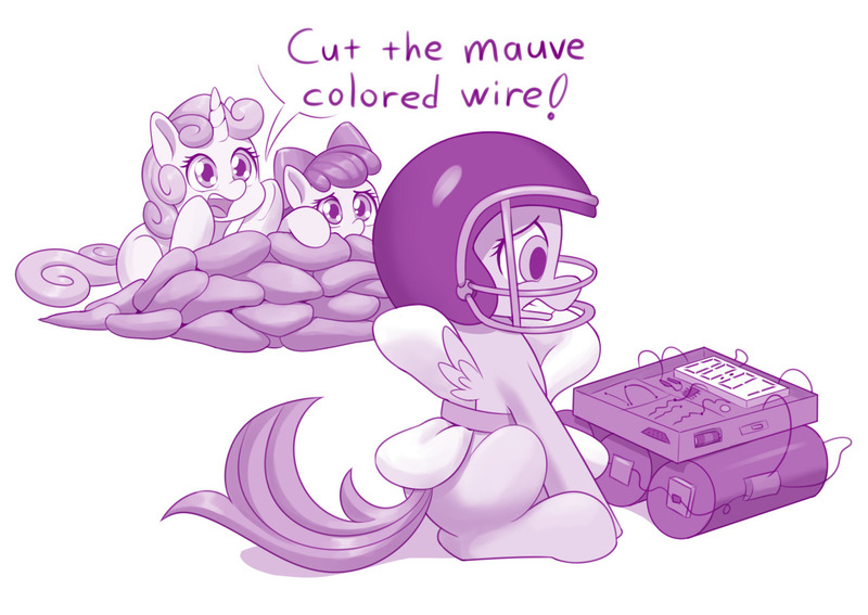 Size: 1280x907 | Tagged: safe, artist:dstears, derpibooru import, apple bloom, scootaloo, sweetie belle, earth pony, pegasus, pony, unicorn, bomb, bow, cutie mark crusaders, female, filly, football helmet, hair bow, helmet, monochrome, nervous, newbie artist training grounds, pillow, purple, sandbags, simple background, this will end in tears and/or death and/or covered in tree sap, trio, weapon, white background