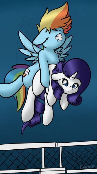 Size: 1397x2508 | Tagged: safe, artist:llametsul, derpibooru import, rainbow dash, rarity, pegasus, pony, unicorn, atg 2020, carrying, chest fluff, female, flying, gate, holding a pony, horn, lifting, misleading thumbnail, newbie artist training grounds, simple background, struggling, wings