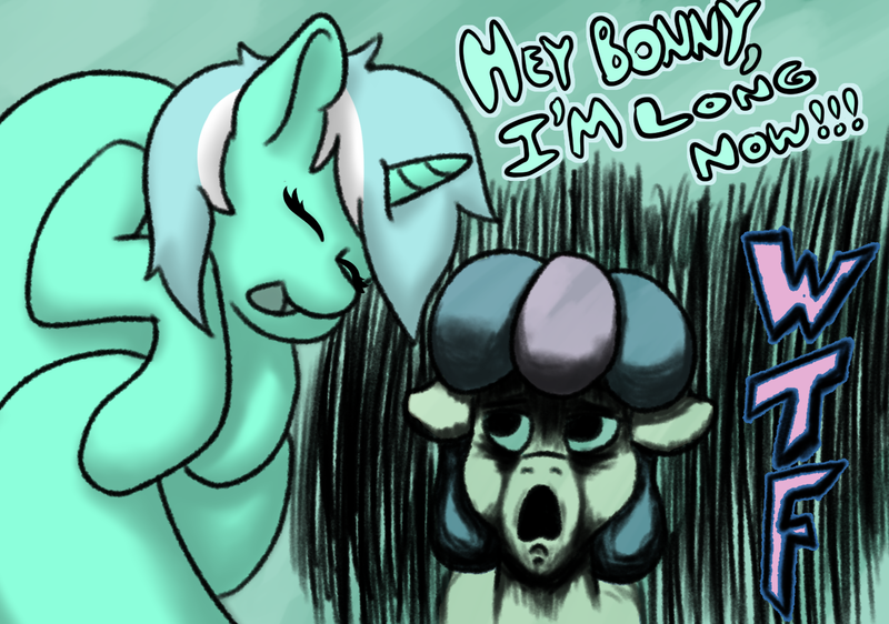 Size: 1483x1042 | Tagged: safe, artist:llametsul, derpibooru import, bon bon, lyra heartstrings, sweetie drops, earth pony, unicorn, atg 2020, dialogue, eyes closed, female, horn, horrified, horror, lesbian, long pony, looking up, lyrabon, mare, newbie artist training grounds, open mouth, shipping, smiling, terrified, wtf