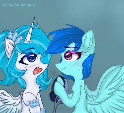 Size: 2200x2000 | Tagged: safe, artist:memengla, derpibooru import, oc, unofficial characters only, alicorn, pegasus, pony, female, oc x oc, shipping, two toned wings, wings