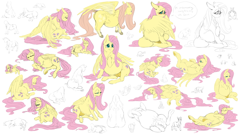 Size: 14494x8093 | Tagged: questionable, artist:snspony, derpibooru import, fluttershy, pegasus, pony, absurd resolution, belly, big belly, crotchboobs, cute, female, mare, nipples, nudity, on back, preggoshy, pregnant, raised hoof, shyabetes, sitting, sleeping, smiling, teats, too big for derpibooru