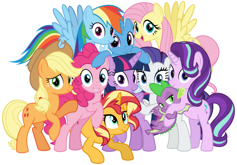 Size: 5610x3916 | Tagged: safe, artist:jhayarr23, artist:memnoch, artist:oyks, derpibooru import, applejack, fluttershy, pinkie pie, rainbow dash, rarity, spike, starlight glimmer, sunset shimmer, trixie, twilight sparkle, twilight sparkle (alicorn), alicorn, dragon, earth pony, pegasus, pony, unicorn, female, group, male, mane eight, mare, simple background, transparent background, winged spike