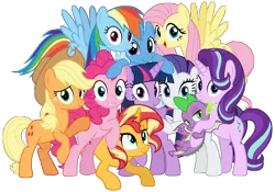 Size: 5610x3916 | Tagged: safe, artist:jhayarr23, artist:memnoch, artist:oyks, derpibooru import, applejack, fluttershy, pinkie pie, rainbow dash, rarity, spike, starlight glimmer, sunset shimmer, trixie, twilight sparkle, twilight sparkle (alicorn), alicorn, dragon, earth pony, pegasus, pony, unicorn, female, group, male, mane eight, mare, simple background, transparent background, winged spike