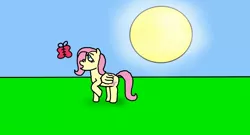 Size: 1280x690 | Tagged: safe, artist:whistle blossom, deleted from derpibooru, derpibooru import, fluttershy, butterfly, pegasus, pony, :o, autodesk sketchbook, curious, cute, day, digital art, duo, female, mare, one hoof raised, open mouth, shyabetes, sky, sun, wallpaper
